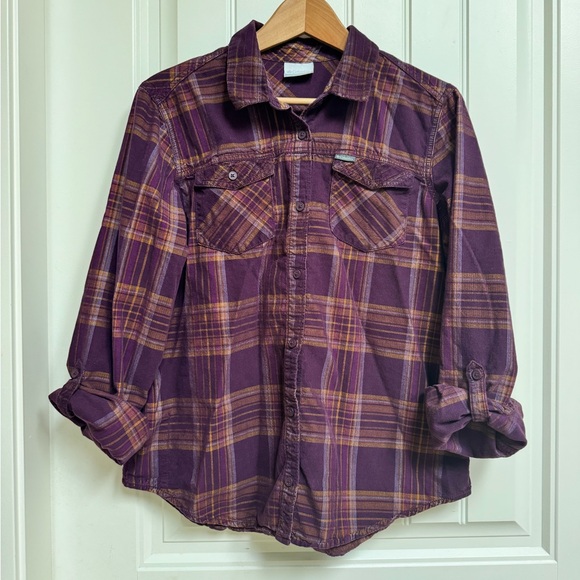 Columbia Burgundy & Orange Corduroy Plaid Adjustable Sleeve Button Up Shirt. L - Picture 2 of 7